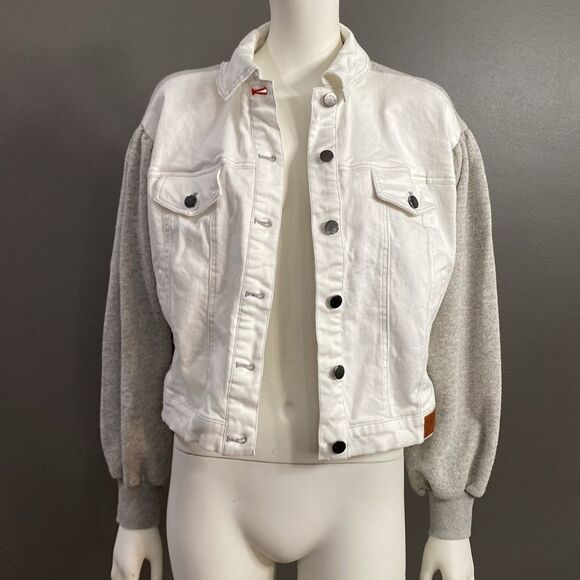 Peace Love World White/Gray Chic Denim Jacket Puff Gray Sleeve Oversized SZ XXS - Picture 4 of 16